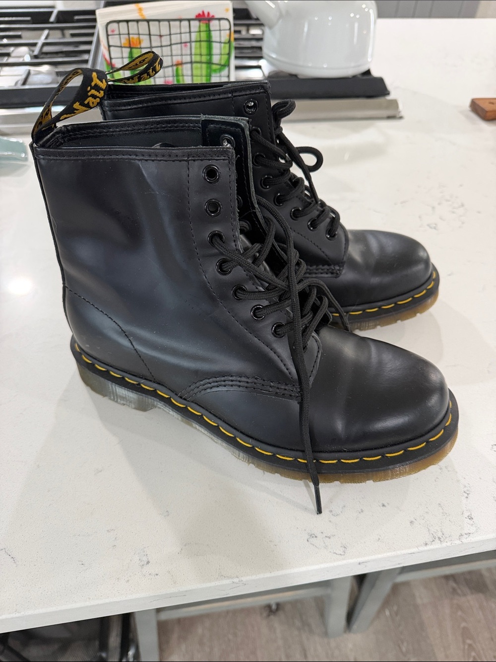 Dr. Martens Black Leather 8-Eye Lace-Up Boots with Yellow Stitching
